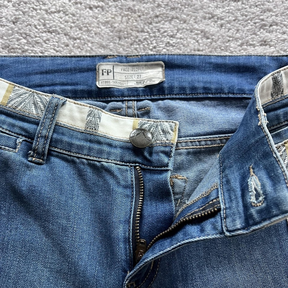 Free People Danica Boho Stripe Flare Jeans Womens 27 Blue Mid Rise‎ Raw Hem - Picture 7 of 16